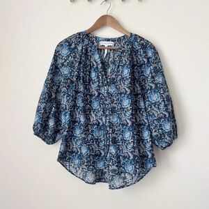 New! Apiece Apart  Mitte Top Folk Floral Black Blue Cotton Silk Blouse Size S